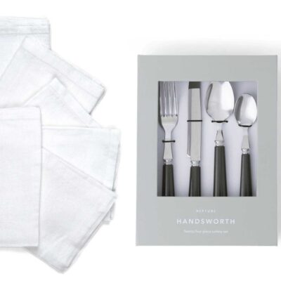 Neptune Handsworth Olive Cutlery & Emily Salt Linen Napkin Set  Clearance